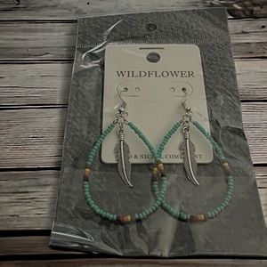 Turquoise beaded tear shape earrings with small silver feather